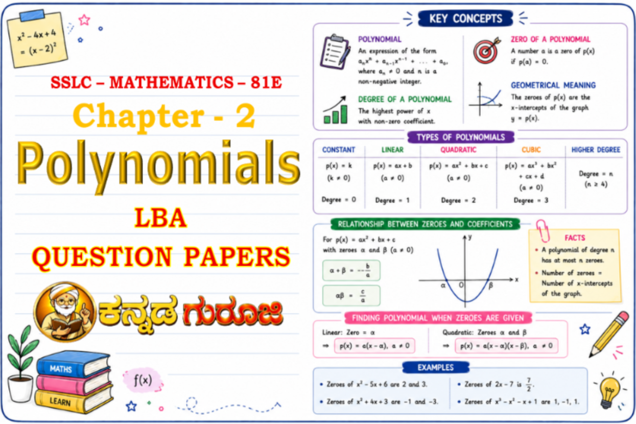 Karnataka SSLC Maths Chapter 2 | Polynomials | LBA Question Papers PDF (Version A, B, C & D)